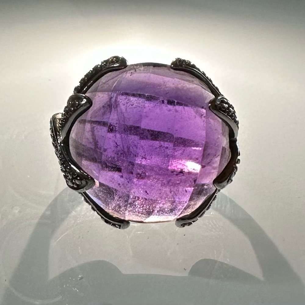 925 Sterling Silver Royal Purple Amethyst Cocktail Ring Size 9 Checkerboard Cut - Picture 2 of 9